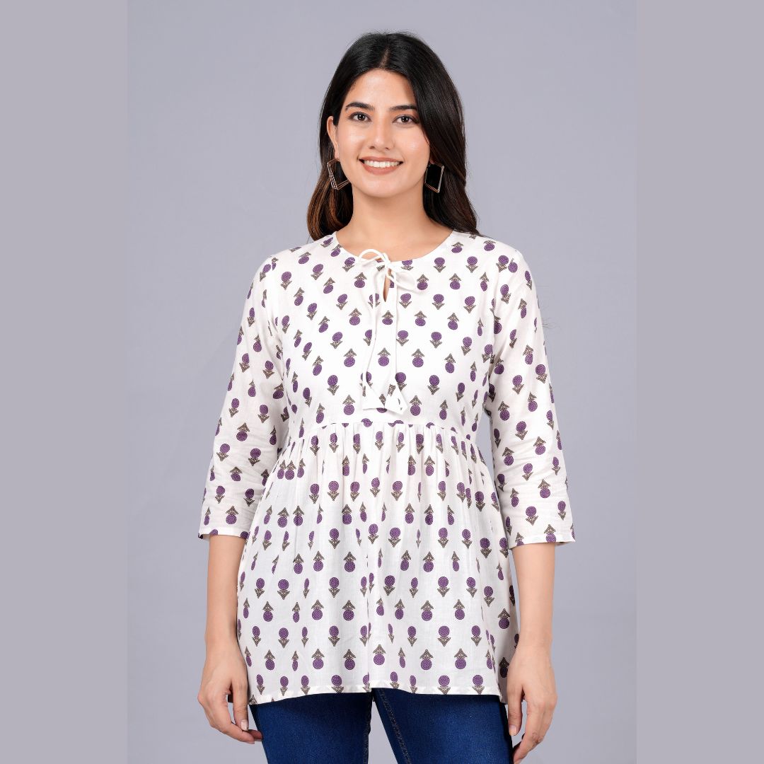 Women Embroidered Full Sleeves reyon cotton Short Kurti Kashmiri Top White  & Black Embroidery